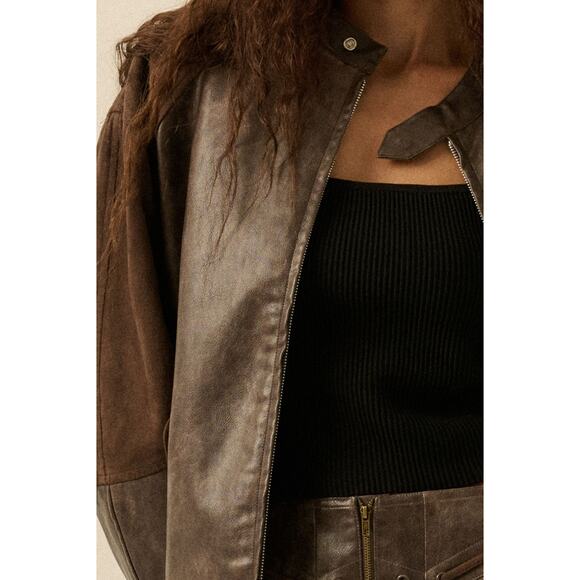 Promesa Size Medium Espresso Faux Leather and Suede Barrel-Sleeve Jacket - Picture 9 of 11